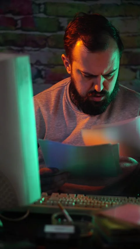 Man Analyzing Paper Document in Front of Flickering Monitor Screen of Desktop Stock Footage 302473373