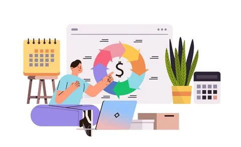 Man analyzing personal budgeting chart on laptop data analysis accounting Stock Illustration