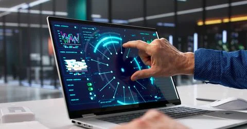 Man Analyzing Real-time Data On Futuristic AI Intelligence Dashboard Software Stock Photos