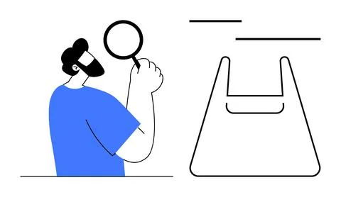 Man Analyzing Shopping Trends with Magnifying Glass and Bag Research, Consu.. Stock Illustration