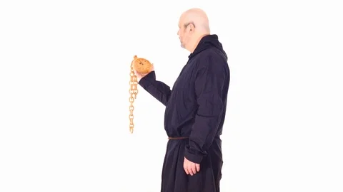 Man in ancient overall and fast running clock white screen - time concepts Stock Footage 104790167