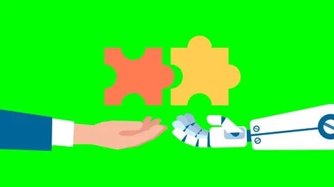 Man and the AI robot hand connect the puzzle together. Holding the puzzle Stock Footage 281007807