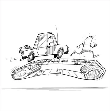 Man and angry car Running on Treadmill Stock Illustration