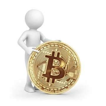 Man and bitcoin An image of a rendered white man pointing to a bitcoin Cop... Stock Photos