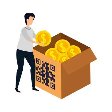 Man and box with qr code isolated icon Stock Illustration