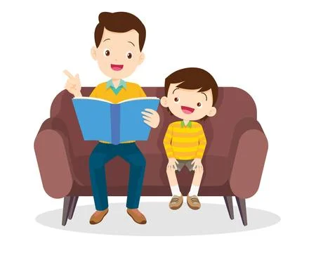 Man and boy reading book Stock Illustration