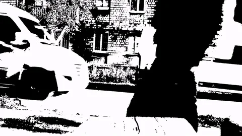 Man And Car And A Small Car On A Small Street In The Front View In Drawing Stock Footage 84254680