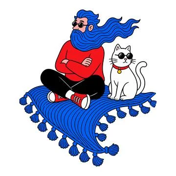 Man and Cat on a Flying Carpet Stock Illustration
