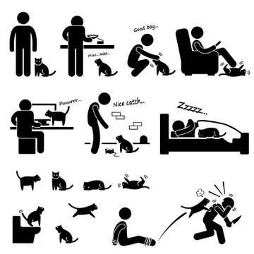 Man and Cat Relationship Pet Stick Figure Pictogram Icon Stock Illustration