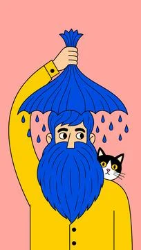 Man and Cat Under a Blue Umbrella Stock Illustration