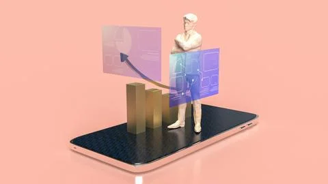 The man and chart screen on mobile phone for business applications 3d renderi Stock Illustration