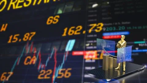 The man and chart screen on mobile phone for business applications 3d renderi Stock Illustration