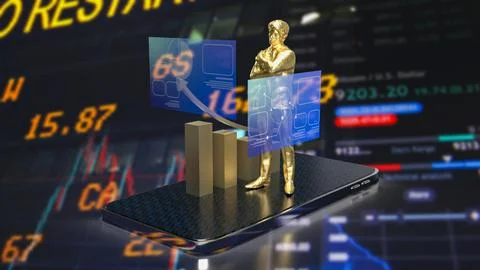 The man and chart screen on mobile phone for business applications 3d renderi Stock Illustration