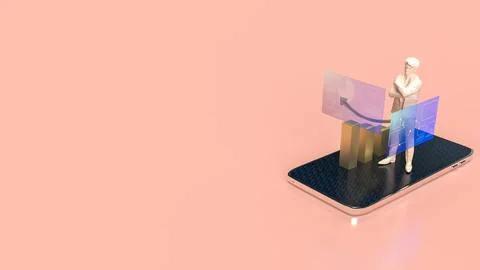 The man and chart screen on mobile phone for business applications 3d renderi Illustrazione stock