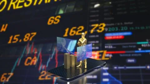 The man and chart screen on mobile phone for business applications 3d renderi Stock Illustration