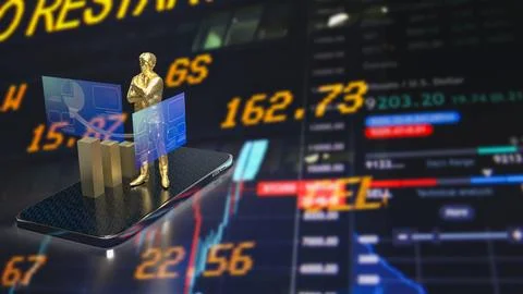 The man and chart screen on mobile phone for business applications 3d renderi Stock Photos