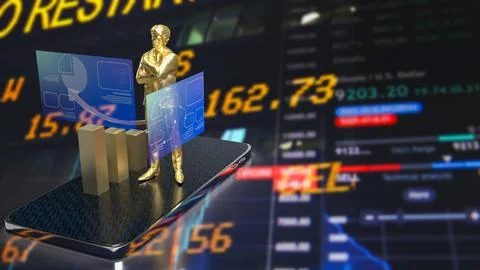 The man and chart screen on mobile phone for business applications 3d renderi Stock Photos