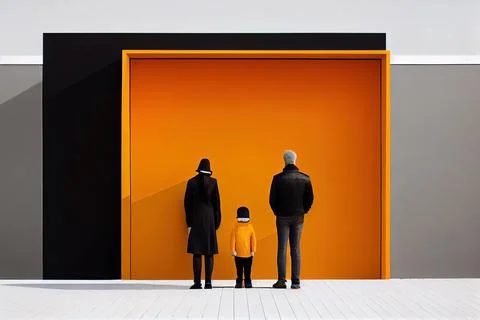 A man and a child standing in front of a door with an orange door behind th.. Ilustración de archivo