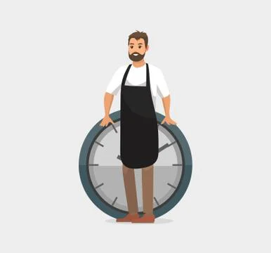 Man and Clock, Deadline of Worker Wearing Apron Stock Illustration