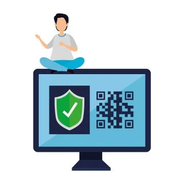 Man and computer with qr code isolated icon Stock Illustration