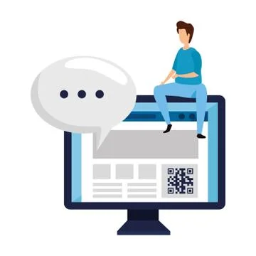 Man and computer with qr code isolated icon Stock Illustration