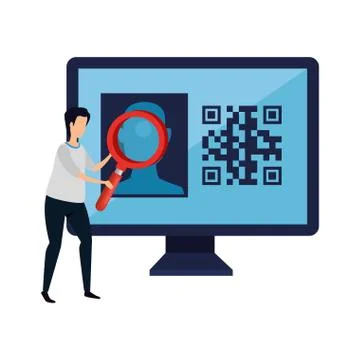 Man and computer with qr code isolated icon Stock-Illustration
