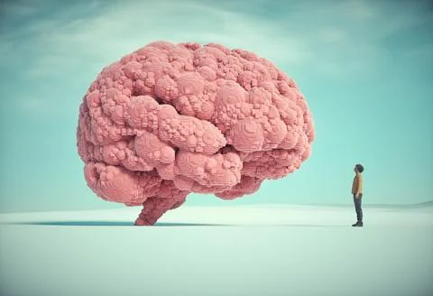 The man and conceptual image of a large  shape of the human brain. Illustrazione stock