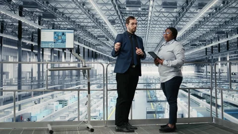 Man and coworker in microchip smart factory developing advanced electronics Stock Footage 333380251
