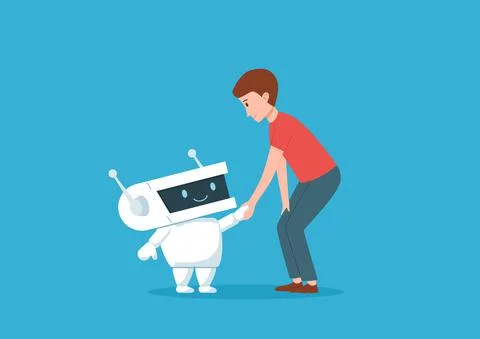 Man and cute friendly robot shaking hands, flat vector illustration isolated. Stock Illustration