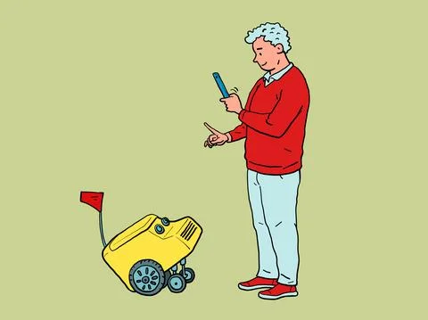 A man and a delivery robot, training like a pet, a drone courier Illustrazione stock