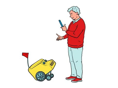 A man and a delivery robot, training like a pet, a drone courier Stockillustratie