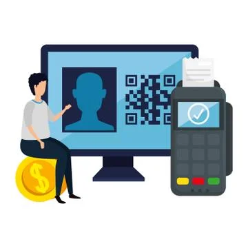 Man and devices electronic with code qr Stock Illustration