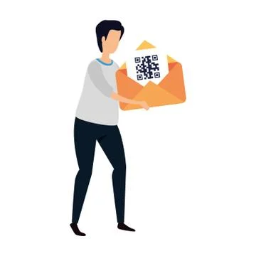 Man and envelope with qr code isolated icon 스톡 일러스트