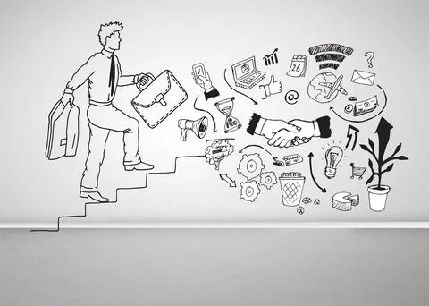 Man and graphics drawn on white wall Illustrazione stock