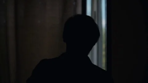 Man and hope concept . man opening window curtains in hotel forest and drink Video stock 76141122