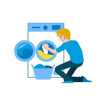 A man and a householder in jeans and a t shirt washes clothes in a washing Stock Illustration