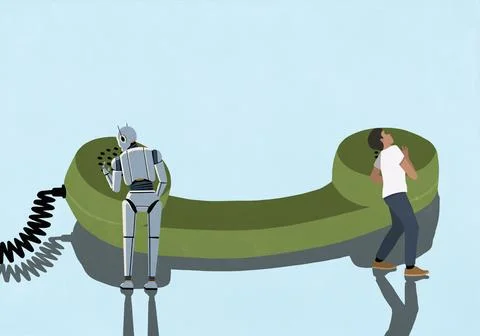 Man and humanoid robot on opposite ends of landline telephone receiver Stock Illustration