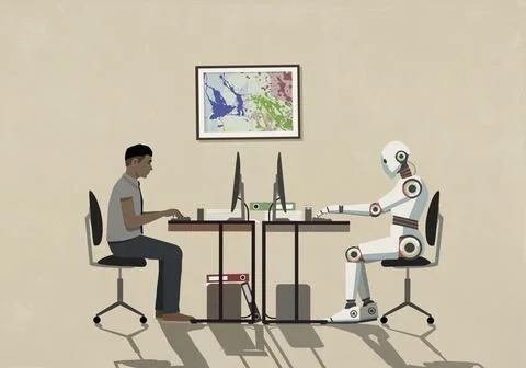 Man and humanoid robot working face to face at computers Stock Illustration