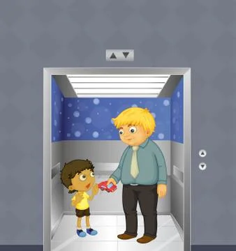 A man and a kid inside the elevator Stock Illustration