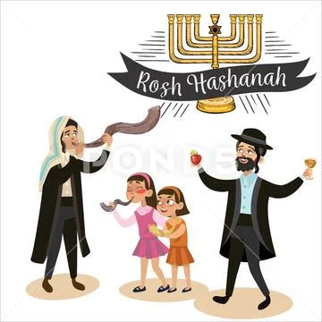 Man and kids girls blowing Shofar horn for the Jewish New Year, Rosh Hashanah Stock Illustration