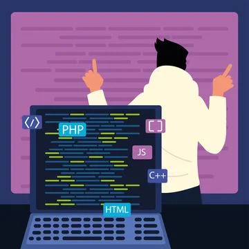 Man and laptop with codes Stock Illustration