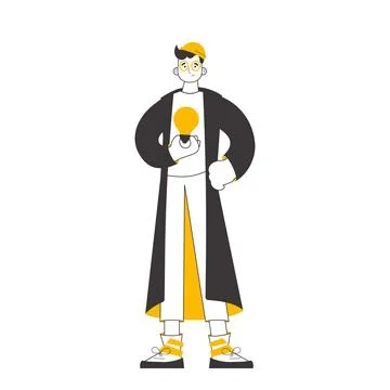 Man and light bulb. Idea concept. Vector. Isolated. Linear trendy style. Stock Illustration