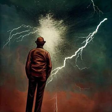 A man and a lightning strike. A dangerous natural phenomenon. Or the lord of the Stock Illustration