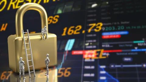 The man and lock for Business security concept 3d rendering Illustrazione stock