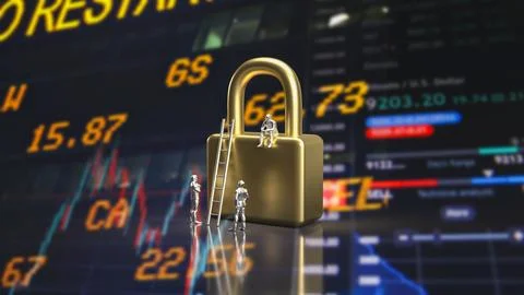The man and lock for Business security concept 3d rendering Illustrazione stock