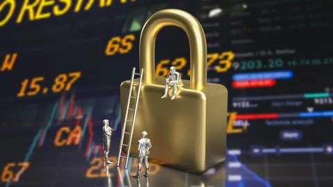The man and lock for Business security concept 3d rendering Illustrazione stock