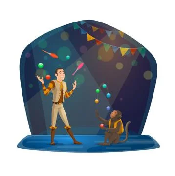 Man and monkey jugglers in big top circus Stock Illustration