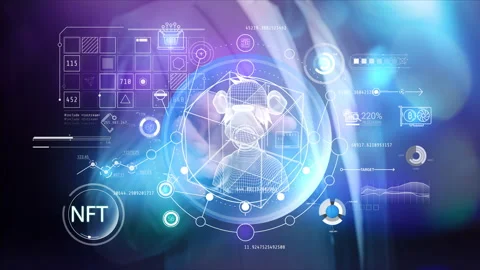 Man and NFT panel with graphic elements Stock Footage 212632283