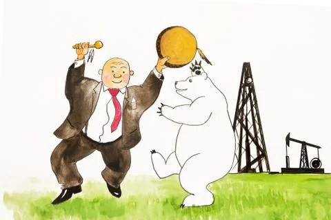 Man and polar bear dancing. Oil production. Man rejoices oil. Illustrazione stock