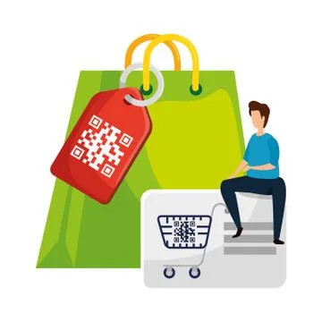 Man and qr code with shopping icons Stock Illustration